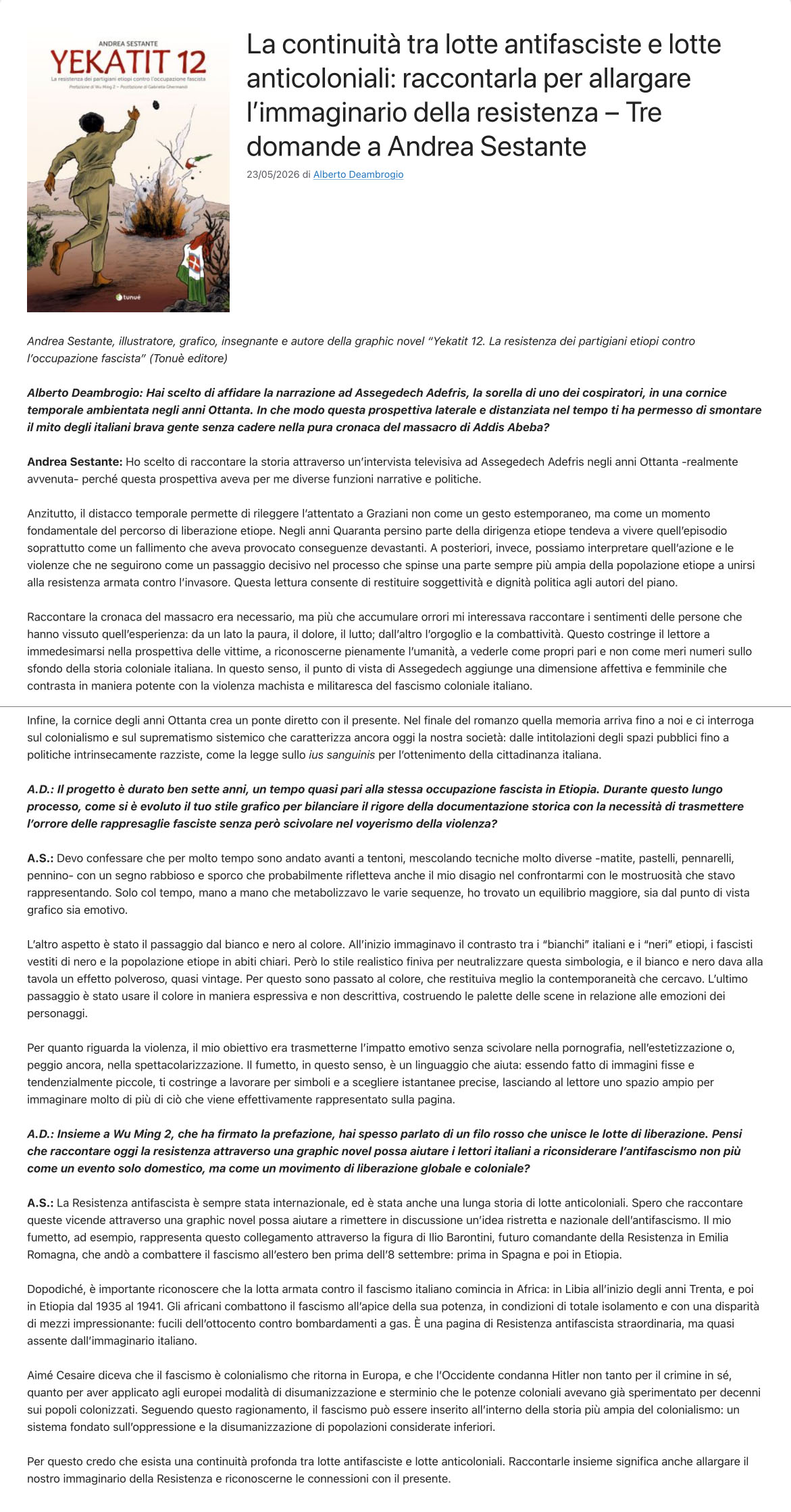 Screenshot della recensione di Yekatit 12 pubblicata da Alternativ@