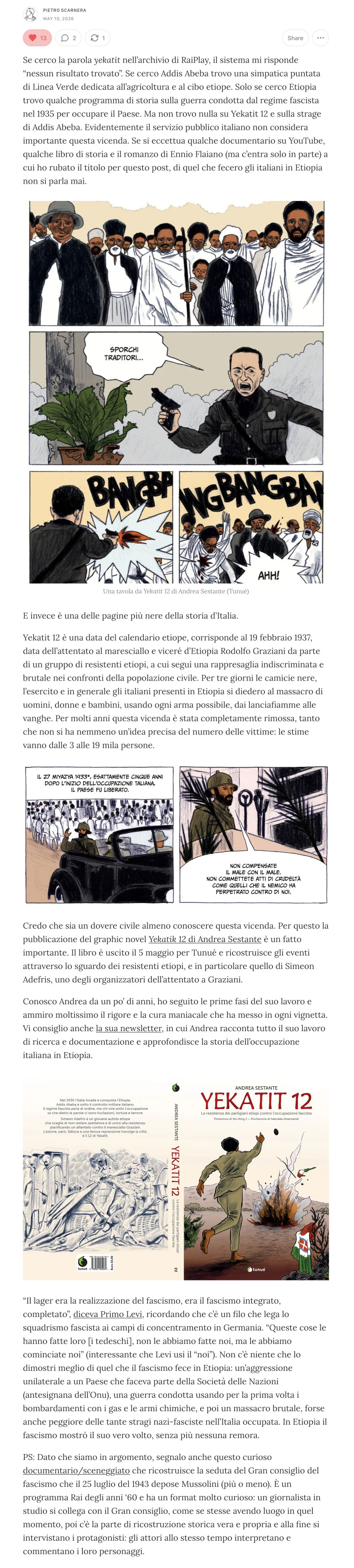 Screenshot della recensione di Yekatit 12 pubblicata da Bianca