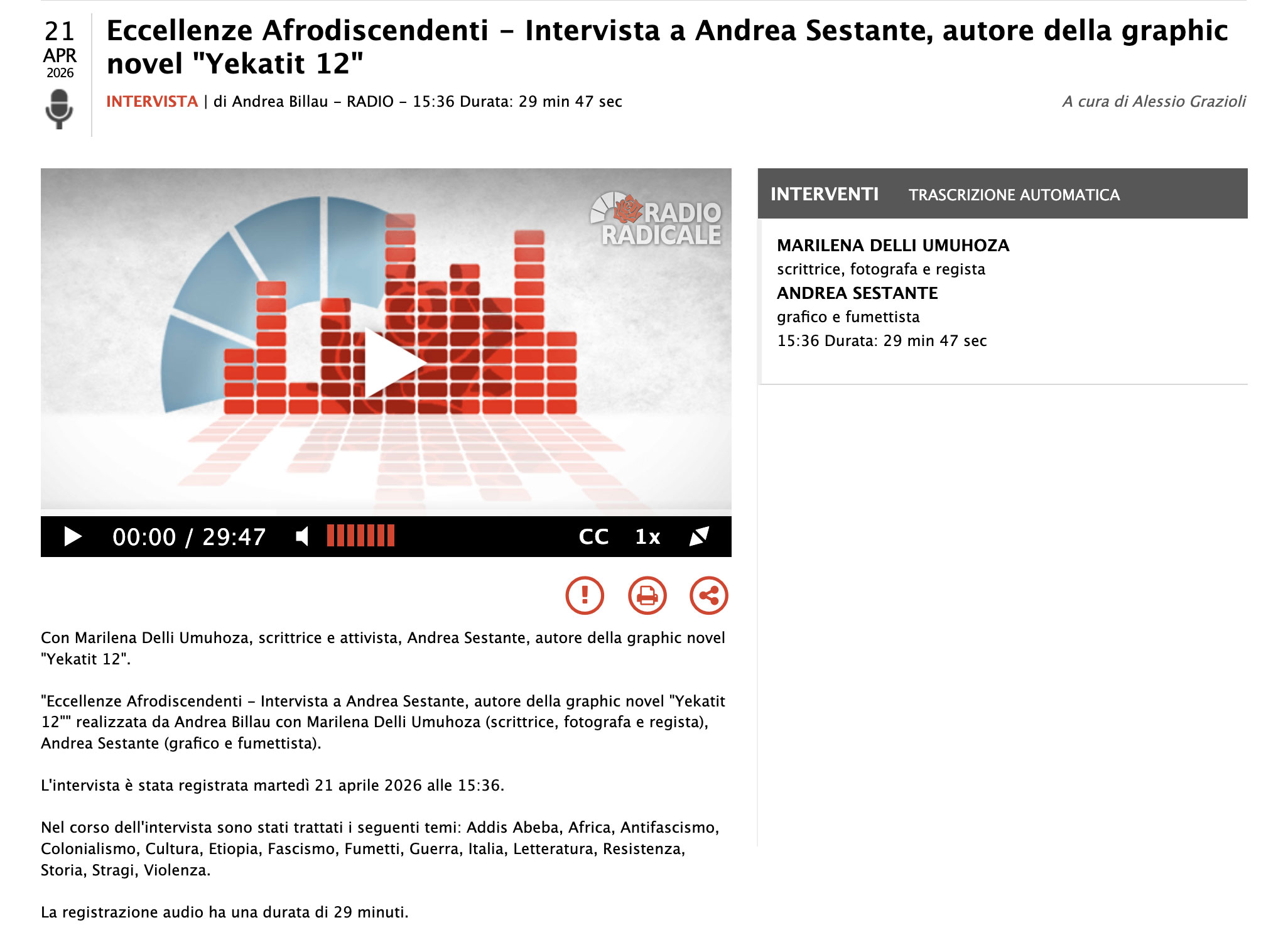 Screenshot della recensione di Yekatit 12 pubblicata da Radio Radicale