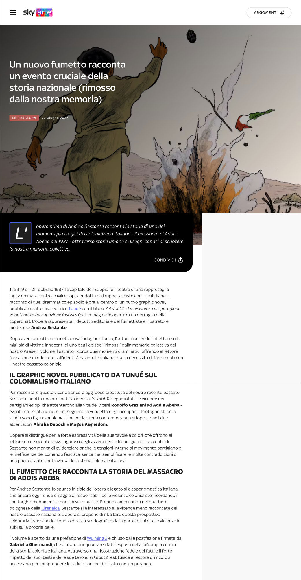 Screenshot della recensione di Yekatit 12 pubblicata da Sky Arte